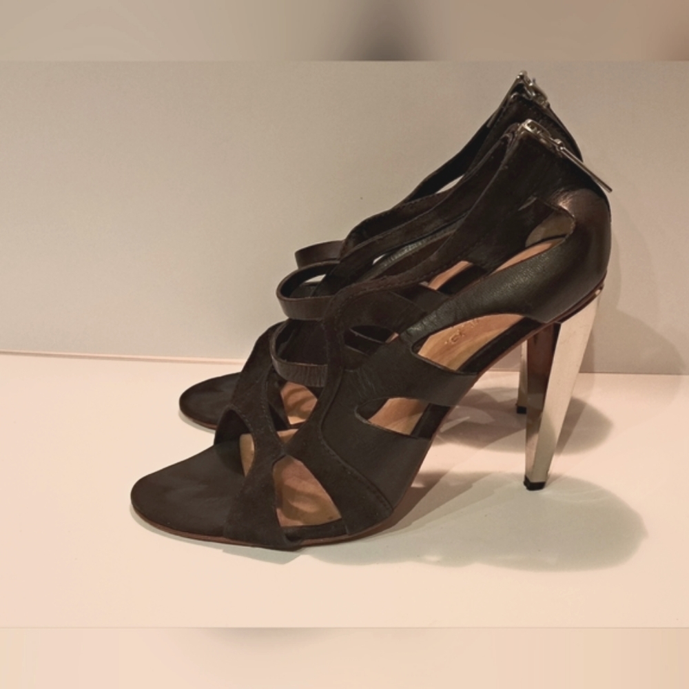 L.A.M.B. Chrome Heel Leather Sandals